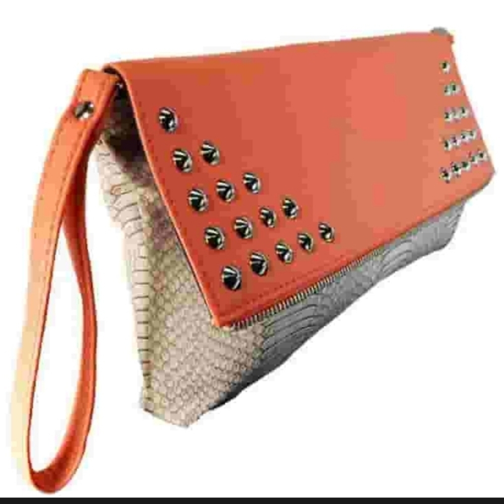 Giannini Textured Snake Print Fold Over Clutch Bag Studded Snap Close - Picture 2 of 9